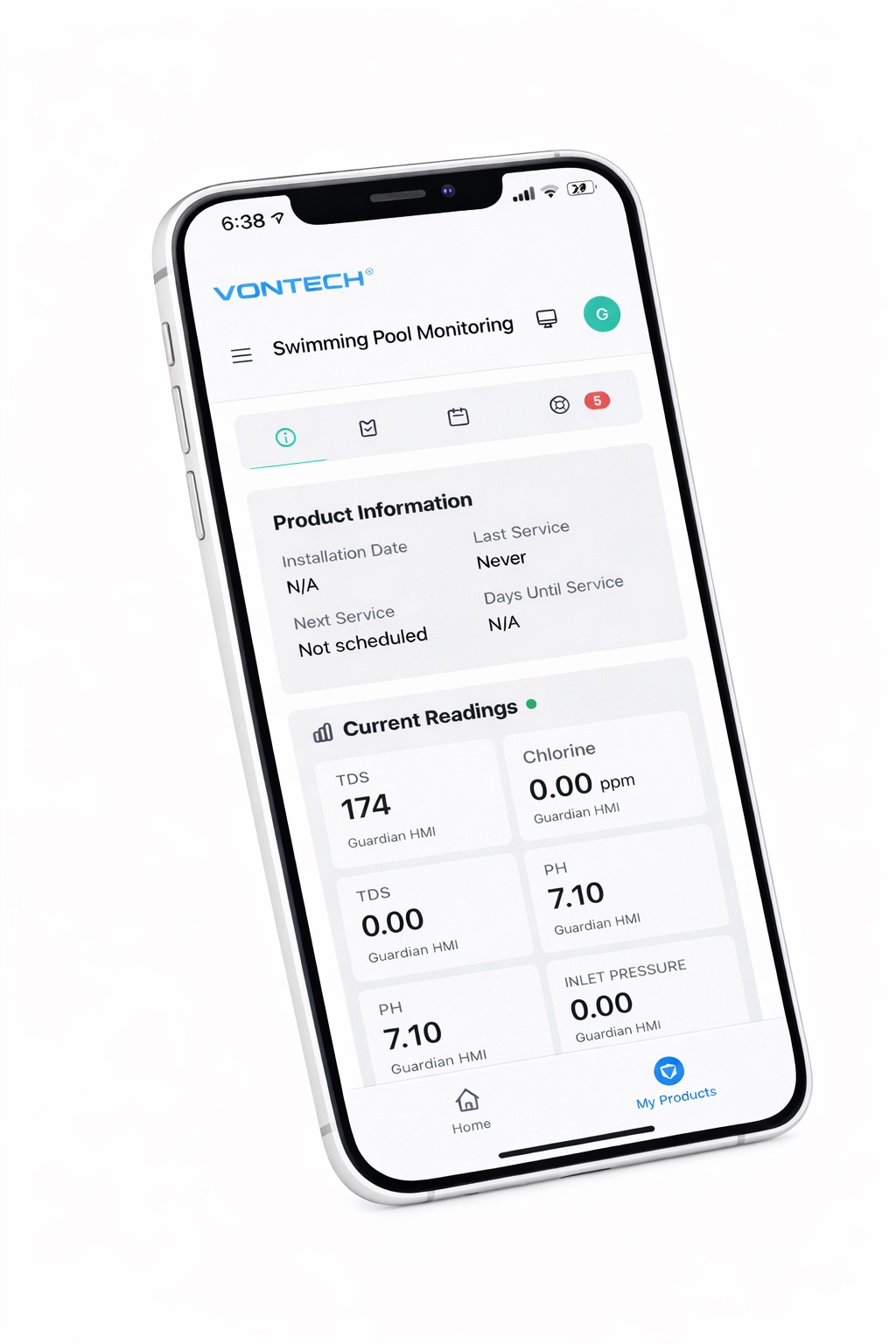 Vontech mobile app showing real-time pool sensor readings - TDS, ORP, pressure