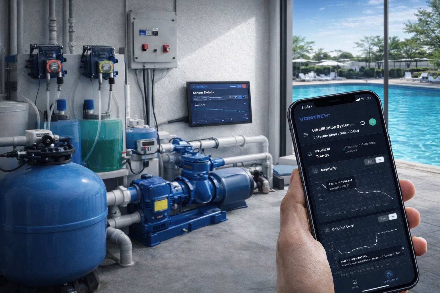 Guardian HMI controlling commercial swimming pool with pumps, dosing, sensors and mobile app